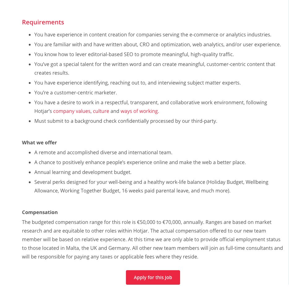 screenshot of a job posting for a content writer role with Hotjar.