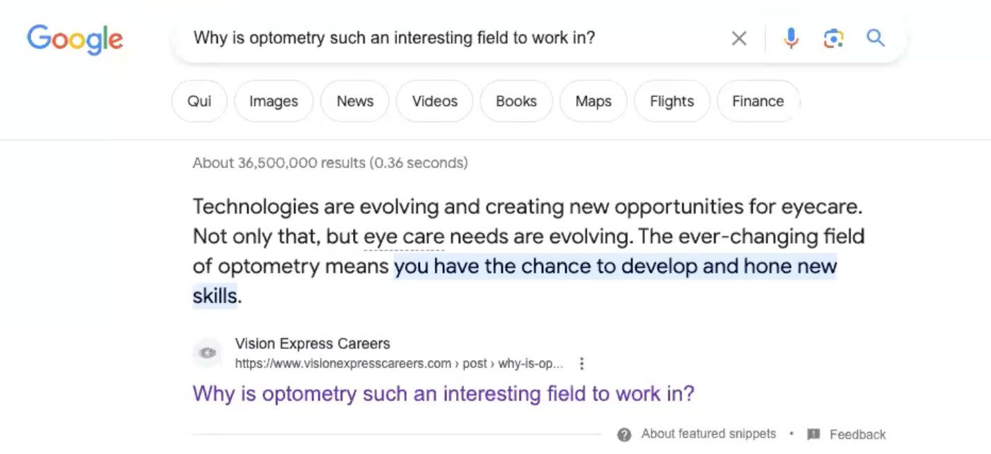 Google search result to career site content