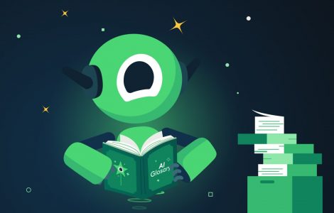 Winston a one-eyed green robot reading an AI Glossary
